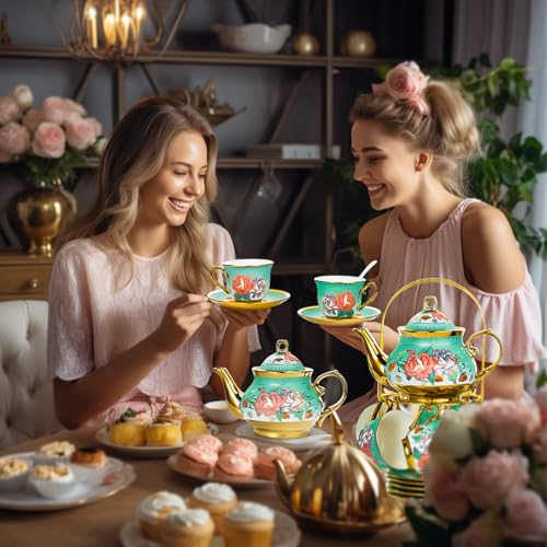 20 Pieces Porcelain Tea Set With Metal Holder, European Ceramic tea set for adults,Flower Tea Set,Tea Set For Women With Flower Painting (Large version, Green) - color: Green