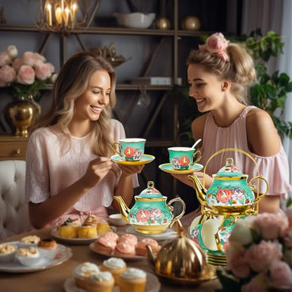 20 Pieces Porcelain Tea Set With Metal Holder, European Ceramic tea set for adults,Flower Tea Set,Tea Set For Women With Flower Painting (Large version, Green) - color: Green
