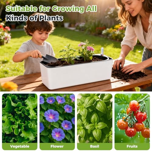 2 Pack Rectangular Planter 15.6 x 5.4 in Self Watering Planter Window Sill Planters Indoor Rectangle Plant Pot Self Watering Pots Plastic Plant pots with Drainage Holes Black Flower Pot - color: White
