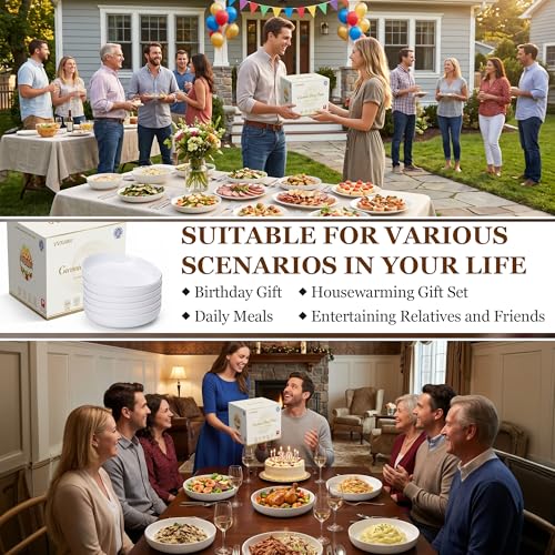 Pasta Bowls Set of 6, 8.8" 37oz Salad Serving Bowls | White Ceramic Soup Bowls Wide and Shallow Plate Bowls Set,Microwave and Dishwasher Safe,Gift Packaging