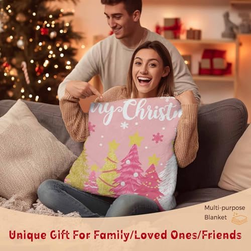 Pink Christmas Tree Throw Blanket, Merry Christmas Super Soft Warm Flannel Blankets for Bed Couch Sofa Gold White Pine Tree Snowy Lightweight Fluffy Plush Bed Throws 50x60 Inch - color: White Pink, size: 50''x60''