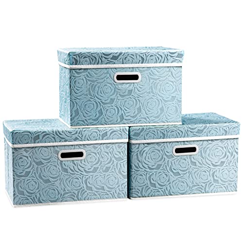 Collapsible Storage Cubes with Lids Fabric Decorative Storage Bins Boxes Organizer Containers Baskets with Cover Handles for Bedroom Closet Living Room 14.9x9.8x9.8 Inch 3 Pack - color: Blue, size: Medium(3-Pack)