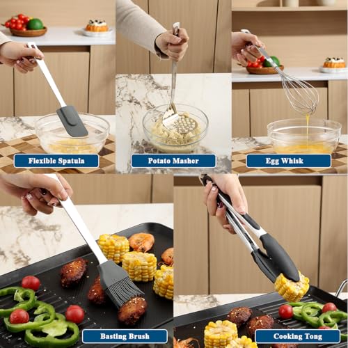 Kitchen Cooking Utensils Set 26 Pieces, Stainless Steel Heavy Duty Sturdy Kitchen Tool Set with Hooks, Metal Spatula & Spoon Set Ergonomic Hanging Handles for All Cooking Tasks