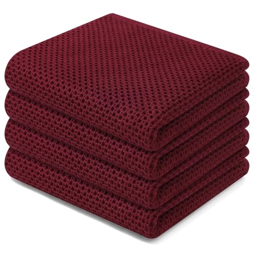 Homaxy 100% Cotton Waffle Weave Kitchen Dish Towels 4-Pack, Burgundy | 13 x 28 Inches, Ultra Soft Absorbent Dish Towels, Quick Drying Cleaning Towels - color: Burgundy, size: 13 X 28 - 4 Pack