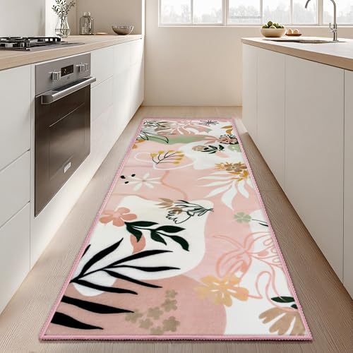 Joiedomi Hallway Runner Rug Washable 2'x 6' Non Slip Kitchen Rug with Rubber Backing Soft Art Floral Floor Carpet Runners for Entryway Laundry Bedroom Indoor (Pink) - color: 01 - Pink, size: 2'x6'