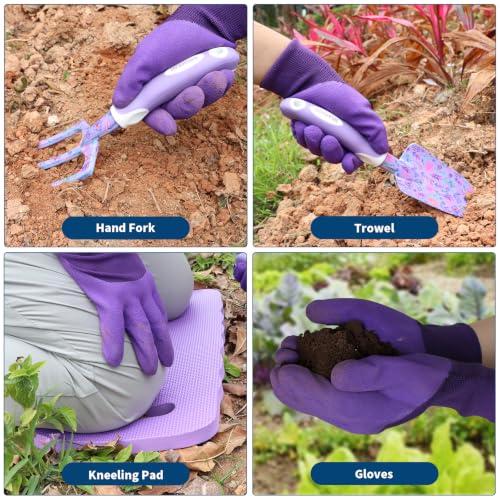 Purple Garden Tools Set 10 Pieces, Gardening Gifts for Women | Aluminum Alloy Steel Hand Tool Kit w/Non-Slip Ergonomic Handle, Floral Print Garden Supplies Organizer Handbag, Gardening Set - color: purple