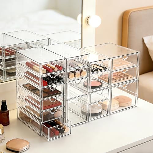 Prsildan 17 Drawers Teacher Toolbox Office Supply Organizer, Set of 4 | Clear Acrylic, Pull Out, Craft Desk Art Supply Accessories Vanity Countertop Bathroom Kitchen Cabinet Makeup Storage - size: 17 Drawers