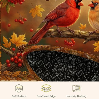 Cardinal Welcome Door Mat, Seasonal Rustic Leaves Berries Fall Brown Washable Low Profile Decorative Doormat for House Office Outside Inside Entrance Decor 29x17 Inch