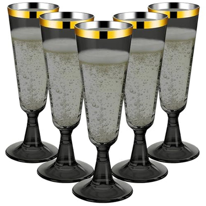 GuanQiao 40 Pack Plastic Champagne Flutes Black, Disposable Plastic Champagne Glasses with Gold Rim, Wine Glasses Cups for Wedding Celebration Birthday Party Wine Tasting New Years Eve Party Supplies - color: Gold Rim Black, size: 40-pack