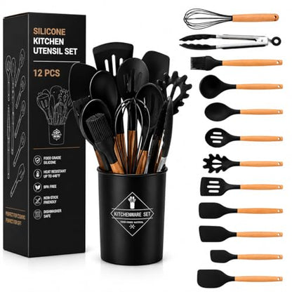 Caboh Silicone Kitchen Utensil Set 12 PCS – Heat Resistant Cooking Tools with Spatula, Serving Spoon, Tongs, Whisk & Holder, Nonstick Safe BPA-Free Kitchen Accessories Set (Black) - color: Black