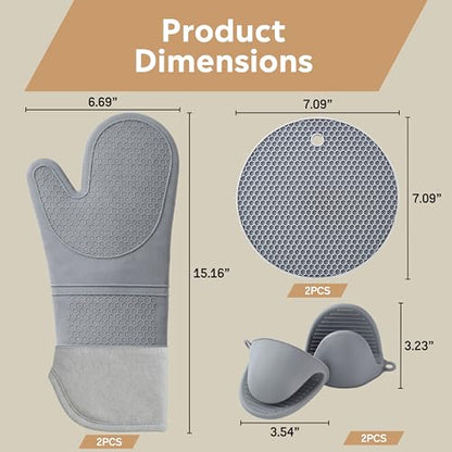 Silicone Oven Mitts and Pot Holders Sets, 6 Piece Kitchen Set | 2 Oven Mitts, 2 Mini Gloves, 2 Pot Holders, Heat Resistant Non Slip Silicone, Ideal for Cooking & Grilling - color: 2 Pot Holders, 2 Oven Mitts, 2 Mini Gloves