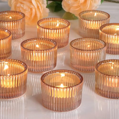 Lanttu 12 Pcs Gold Tealight Candle Holder 2'' x 1.4'' | Small Votive Candle Holders for Table Centerpiece, Glass Tea Light Candles Holder for Party & Home, Wedding Decor - color: Gold