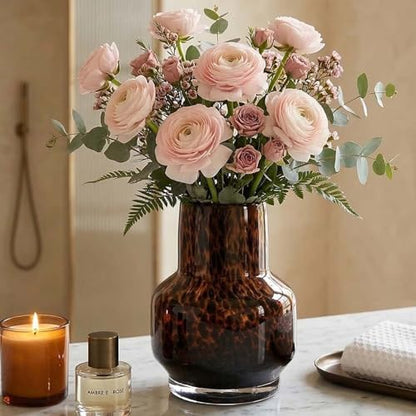 Amber Vase – Brown Glass, Modern Clear Glass Vase with Wide Mouth for Flowers, Decorative Bottles for Home Decor, Farmhouse Centerpiece, Tortoise Shell Art Glass Vase for Living Room, Kitchen, Office