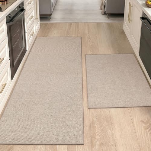 Color&Geometry Kitchen Rugs 2PCS-23x35+23x70 Non-Slip Rubber Backed,Greige | 0.15in Thin Kitchen Mat Fit Under Door, Absorbent, Washable Mat For Large Kitchen, For Light Cooking/Low Traffic Homes - color: Light Tone-greige, size: 23"X35"+23"X70"