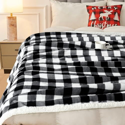 BEAUTEX Christmas Sherpa Fleece Twin Blanket Soft Warm Buffalo Plaid | Plush Blanket & Throw, Winter Cozy Fuzzy for Couch, Sofa, Bed (Black, 60" x 80") - color: Black, size: Twin-60"x80"