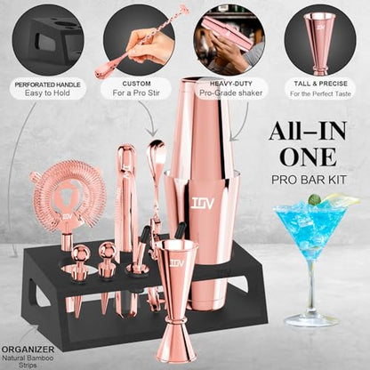 IOV Cocktail Shaker Set: 12-Piece Mixology Bartender Kit Bar Set | 16oz & 28oz Boston Shaker Drink Mixing Tools for Home with Recipe Booklet and Stand | Fun Housewarming Gift (Rose Gold) - color: 12 Pcs - Rose Gold