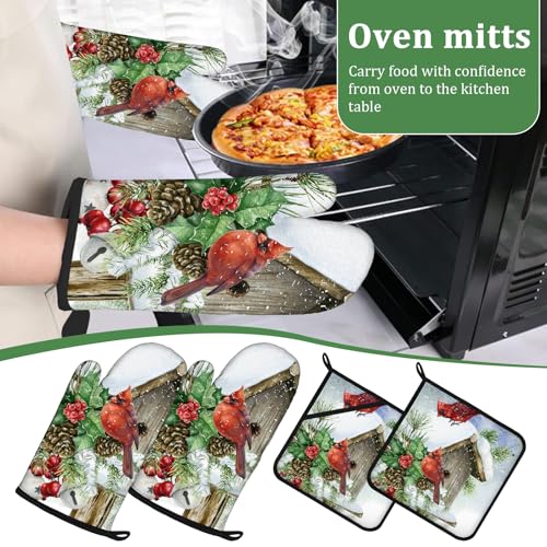 Christmas Cardinal Bird Winter Oven Mitts and Pot Holders Set 4 Pcs Extra Long Heat Resistant Gloves Potholder for Baking, BBQ, Grilling - color: Christmas Cardinal