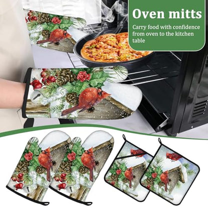 Christmas Cardinal Bird Winter Oven Mitts and Pot Holders Set 4 Pcs Extra Long Heat Resistant Gloves Potholder for Baking, BBQ, Grilling - color: Christmas Cardinal