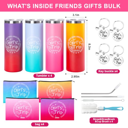 4 Pack 2026 Girls Trip Tumbler Gift Set | 20oz Insulated Stainless Steel Tumbler, Splash-proof Lid, Cosmetic Bags & Keychains, Girls Weekend Party Favors - color: Style 2