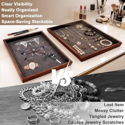 Large Solid Wood Jewelry Watch Tray, Velvet Jewelry Board Display Trays for Key Wallet Ring，Stackable Wooden Jewelry Drawer Organizer Showcase Jewelry Holder(Beige) - color: Beige