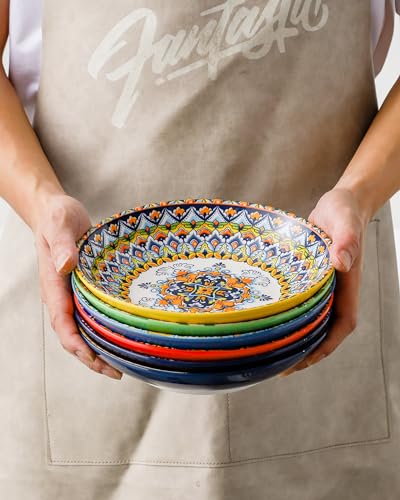 HENXFEN LEAD Boho Pasta Bowls Set of 6, 26 oz Wide Shallow Ceramic Bowls | Assorted Patterns, Ideal for Pasta, Salad, Soup, Risotto and Everyday Meals, Microwave and Dishwasher Safe - size: 26 Oz