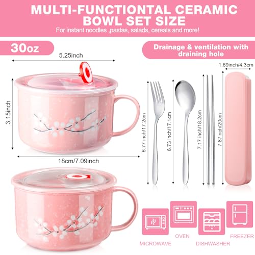 2 Pcs 30 oz Ceramic Soup Bowl with Lid and Handle Snow Flake Blossoms Cherry Pattern Microwave Soup Mug Instant Noodles Cup,2 Sets Stainless Utensils Fork Spoon Chopsticks with Case(Pink) - color: Pink