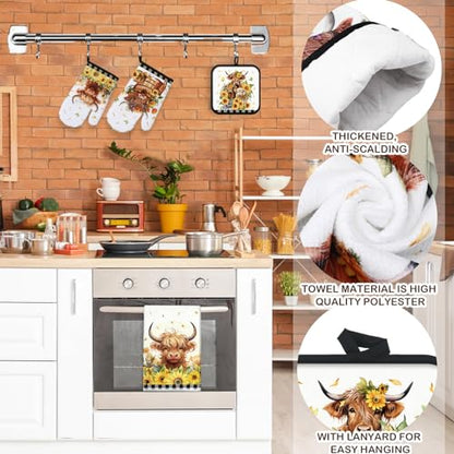 VitalCozy 8 Pcs Highland Cow Kitchen Towels Pot Holders Oven Mitt Set Absorbent Highland Cattle Dish Towels Square Potholders Watercolor Heat Resistant Glove for Home Cooking Baking Gift(Sunflower) - style: Sunflower