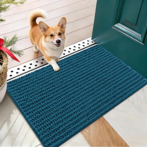 OLANLY Dog Door Mat for Muddy Paws 24x16, Ultra-Absorbent Chenille Mud Mat | Atlantic Blue, Absorbs Moisture and Dirt, Non-Slip Washable Doormat, Quick-Drying Indoor Entryway Floor Carpet for Dogs - color: Atlantic Blue, size: 24" X 16"