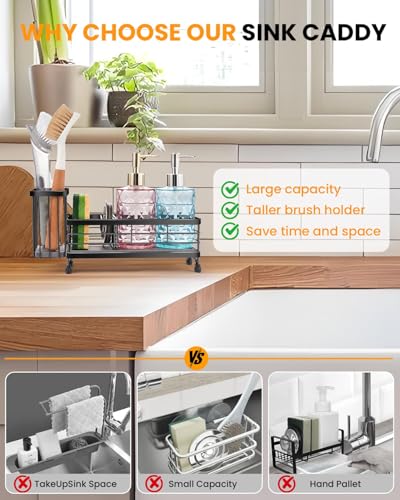 Kitchen Sink Caddy with 2 Water Absorbent Diatomite Stone Sink Tray, | Fast Drying Sink Organizer with High Dish Brush Holder, Sponge Holder for Kitchen Sink, for Countertop, Stainless Steel