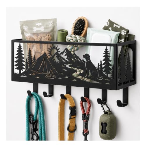Custom Dog Leash Holder for Wall Outdoor Pet Supply Organizer with Basket | Personalized Dog Leash Holder with Storage Basket, Mountain Dog Design, Wall Mount Organizer for Leash, Keys and Pet Supplies - size: Small, style: Dog Supply Organizer