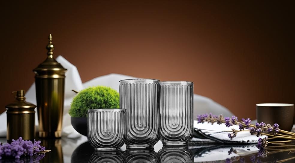 Glaver's 8 Piece Smoke Glassware Set, Art Deco Black Drinking Glasses, Ribbed U-Shape Design, 4 Highball 17oz and 4 Whiskey 11oz DOF Arch Drinkware - style: Smoke S/8 17oz 11oz