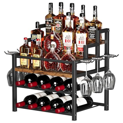 5-Tier Liquor Bottle Display Shelf, Holds up to 20 Bottles, Countertop Wine Racks with 6 Wine Glass Holders, Mini Wine Bar Cabinet for Home, All in One Coffee Syrup Whiskey Organizer