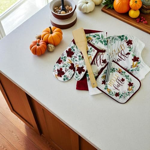 Farmhouse Fall Autumn Harvest Kitchen Hand Towels and Pot Holder Set: Hello Fall Red Burgundy Wine White Green Falling Leaves Design - color: Autumnleaves