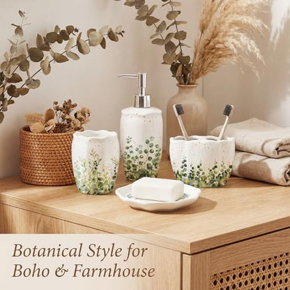Sage Bathroom Accessories Set 4 Piece, Ceramic Soap Dispenser with Pump, Toothbrush Holder, Tumbler Cup & Soap Dish, Botanical Greenery Countertop Decor, White with Gold Speckles - style: Sage