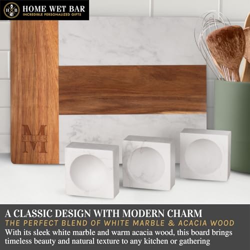 HomeWetBar Personalized Charcuterie Board Gift Set | Custom 15.75" x 11.75" White Marble & Acacia Wood Cheese Board with Serving Bowls | Perfect Housewarming + Wedding + Couples Gift Idea - style: Winslow White Marble Board + Serving Bowls