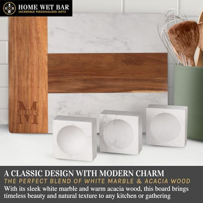 HomeWetBar Personalized Charcuterie Board Gift Set | Custom 15.75" x 11.75" White Marble & Acacia Wood Cheese Board with Serving Bowls | Perfect Housewarming + Wedding + Couples Gift Idea - style: Winslow White Marble Board + Serving Bowls