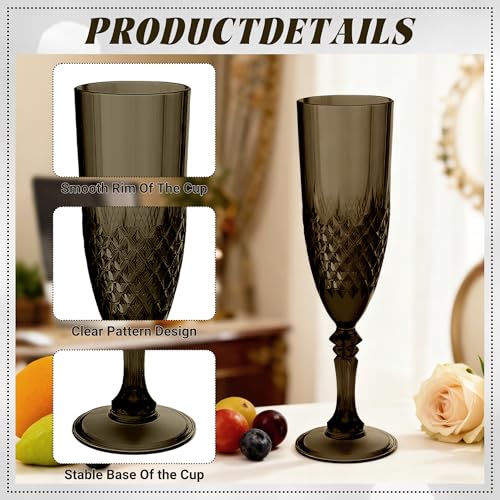 12 Pack Plastic Champagne Flutes, Black Reusable Champagne Glass | Unbreakable Hard Plastic Mimosa Cups Bulk with Stem, Fancy Stemware for Wedding, Party & NYE Celebration - color: Black