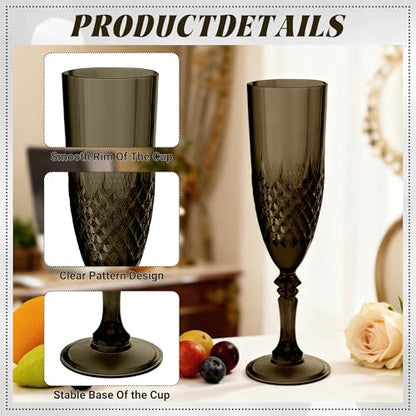 12 Pack Plastic Champagne Flutes, Black Reusable Champagne Glass | Unbreakable Hard Plastic Mimosa Cups Bulk with Stem, Fancy Stemware for Wedding, Party & NYE Celebration - color: Black