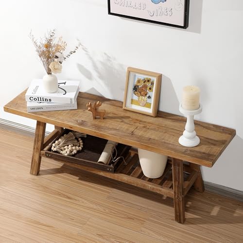 Reclaimed Solid Wood Bench-43.3" Entryway Bench with Storage Shelf | Farmhouse Narrow Rustic Bench, Hallway, Kitchen, Bedroom, Dining, Indoor - size: 43.3"