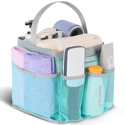 EUDELE Mesh Shower Caddy Portable, 8-Pocket Large Capacity, Quick Dry, Easy Clean, for Beach, Swimming, Gym, Travel - color: Mint Green-Grey