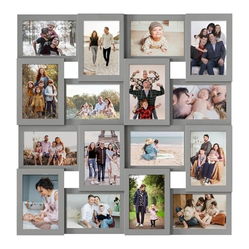 J.M.Deco Collage Picture Frames for Wall 16 Opening, Large Photo Frame Collage Wall Hanging for 4x6 Photo, Reunion Friends Family Memory, Christmas Gift - Grey - color: Grey, size: 16 Opening