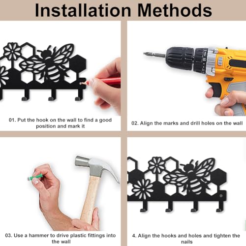 MAYJOYDIY Bee Beehive Metal Key Hook Honey Bee Flowers Coat Rack Wall Mounted 9.8×4.7inch Honeycomb Insect Black Art Key Holder with 5 Hooks for Gift Kitchen Bathroom Clothes Storage - style: Bee Beehive