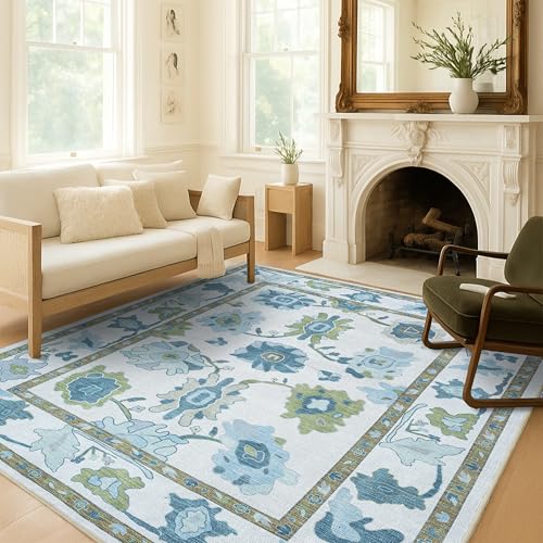 Fame Living Green Oushak Rug, Modern, Vintage, Turkish, Eclectic, Floral, Pastel, Washable, Area Rugs for Living Room, Dining, Bedroom, Nursery, Girls, Boys, 5'9"x8'9" - color: Cream Green, size: 5'11" x 8'11" (Rectangular)