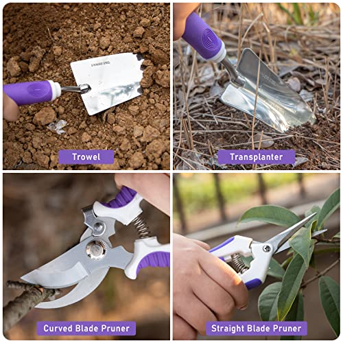 Purple Garden Tool Set Gardening Items for Women - 11PCS Heavy Duty Garden Tools with Detachable Storage Bag, Weeder, Dual-Purpose Hoe - color: Purple