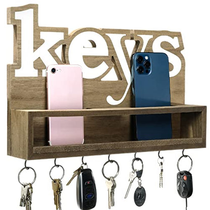EXCELLO GLOBAL PRODUCTS Rustic Keys Wall Mounted Hanging Entryway Organizer with 4 Hooks. 13" x 9" Use as hat Organizer, Key Holder, Mail sorter. Perfect for Entryway, Kitchen, Bathroom, Hallway - style: KEYS