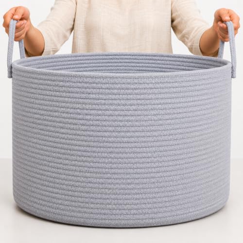 OrganiHaus Round Toy Basket & Blanket Basket, Cotton Rope 20x13" | Full Gray - Round Cotton Rope Basket, 20x13" - color: Full Gray, size: Wide