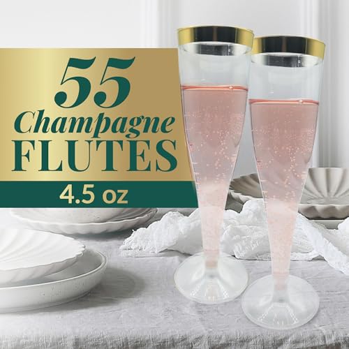 Reli. Disposable Champagne Flutes (55 Pack) | 4.5 oz Clear w/ Gold Rim | Premium Plastic Champagne Flutes | Party-Perfect for Celebrations, Weddings, Graduation, New Year
