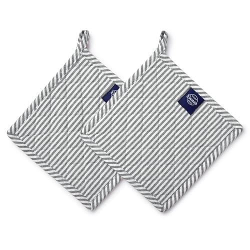 Encasa XO Pot Holders, Quilted Kitchen Hot Pads 8"x8" Ticking Black | 100% Eco-Friendly Cotton | Thick Cotton Padding Insulation | Convenient Hanging Loop | Set of 2 - color: Ticking Black