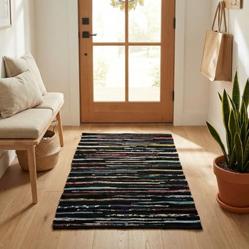Chindi Kitchen Rug 2x3 Feet - Dark Multi | Cotton Small Throw Rugs for Entryway, Easy Care Black Hand Woven Mat - color: Dark Multi Hoisery, size: 2 x 3 feet