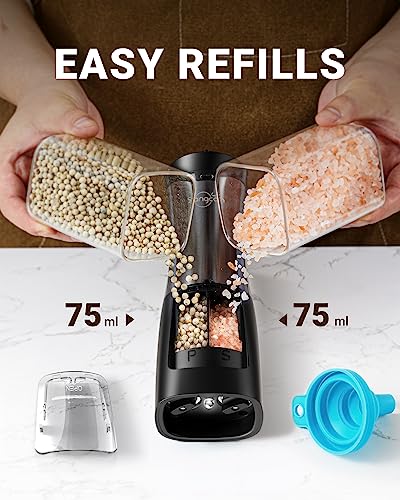 Sangcon Electric Salt and Pepper Grinder Set Shakers 2 IN 1 - USB RECHARGEABLE Salt and Pepper Mill Set All in One, Automatic Refillable Adjustable Coarseness Ceramic Grinder with Light - color: Gunmetal Classic